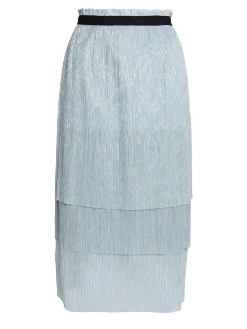 Maje Light Blue Metallic Tiered Maxi Skirt with Black Waistband